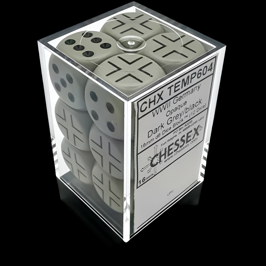 WW2 German Dice Set - 12 D6 16mm Dice - Opaque Dice Block Dark Grey/Black