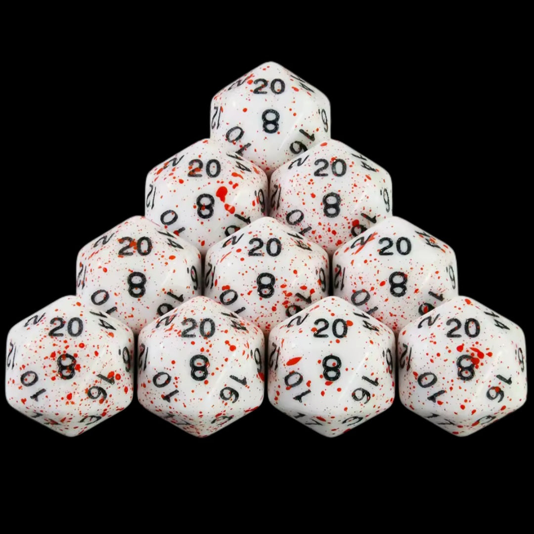 D20 Dice - White with Blood Effect